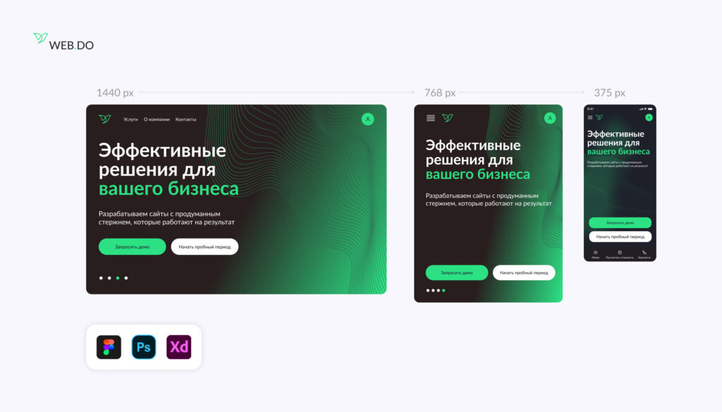 Сравнение дизайна сайта на десктопе, планшете и смартфоне с адаптацией под разные экраны
