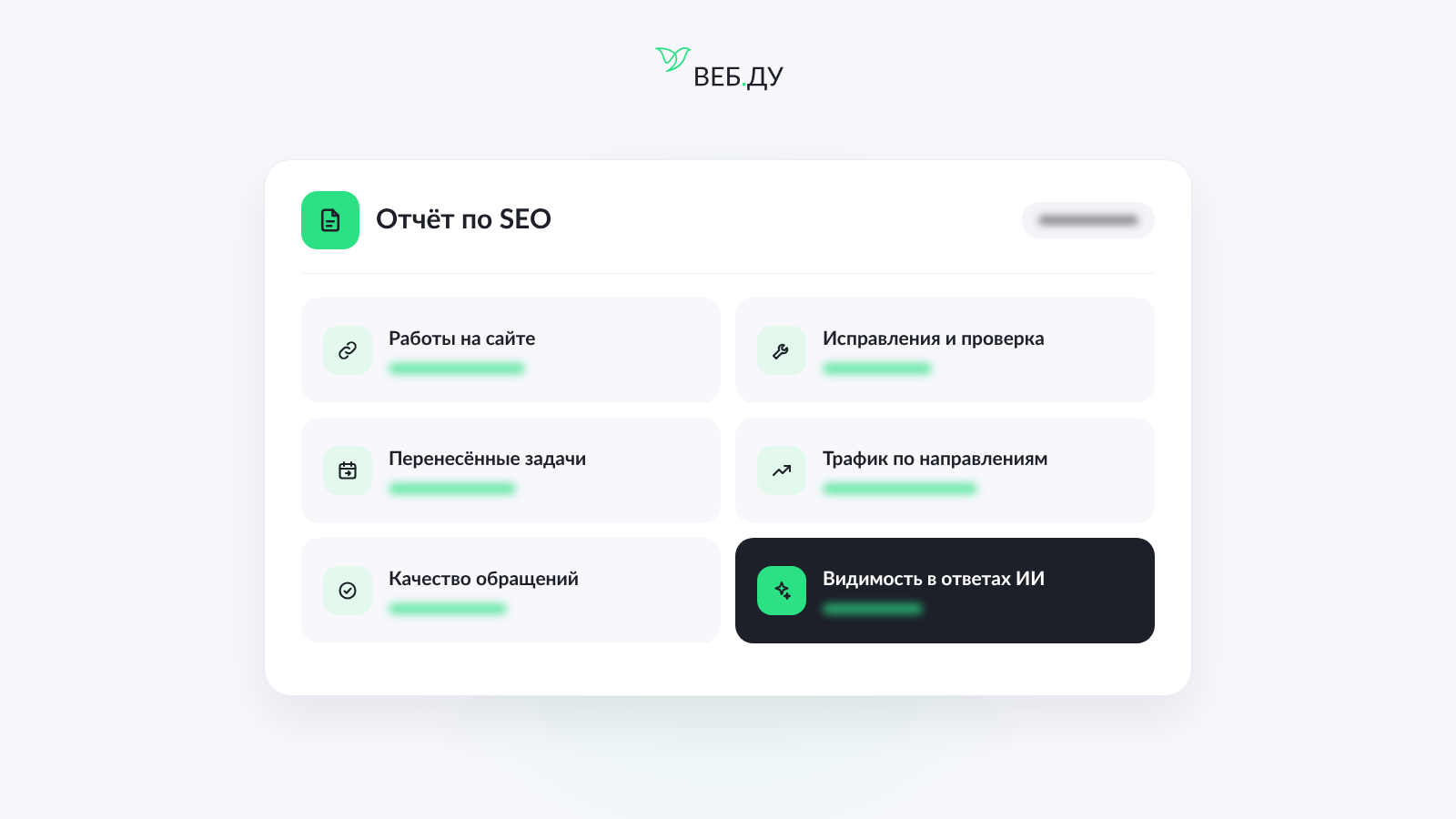Отчёт о результатах SEO-продвижения сайта: выполненные работы, поисковый трафик, качество обращений и видимость в ответах ИИ.
